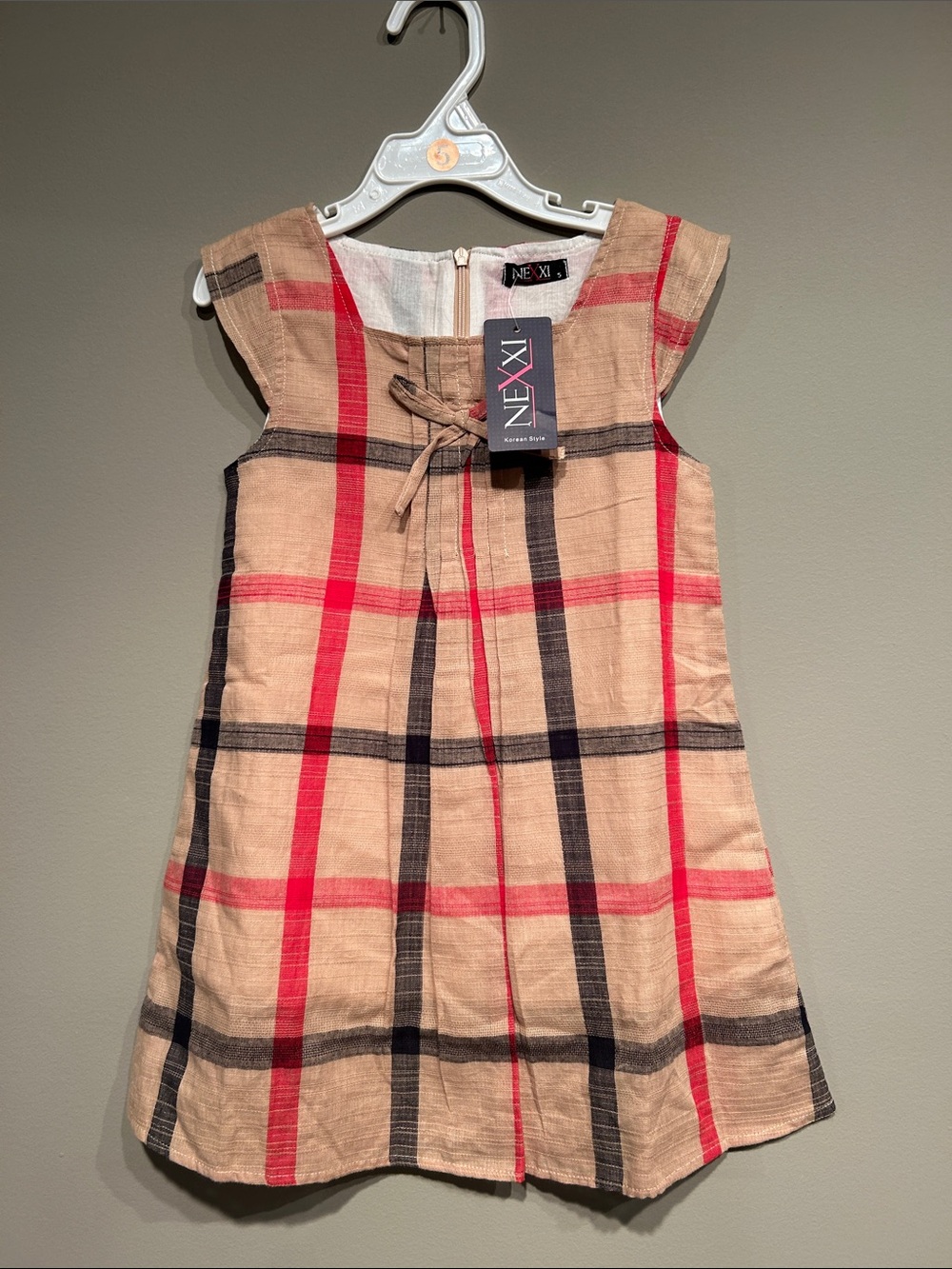 Nexx Beige Plaid Cotton Dress with Red & Black Stripes